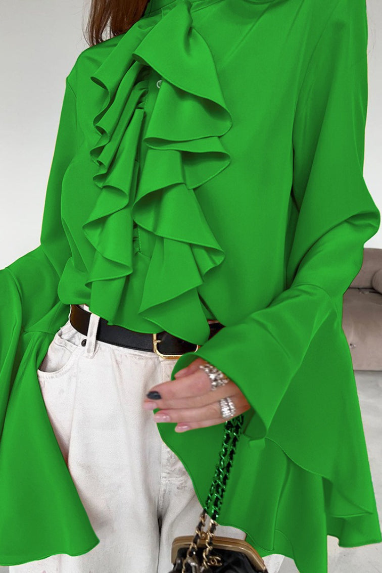 Cascading Ruffle Front High Neck Flared Bell Sleeve Blouse 9