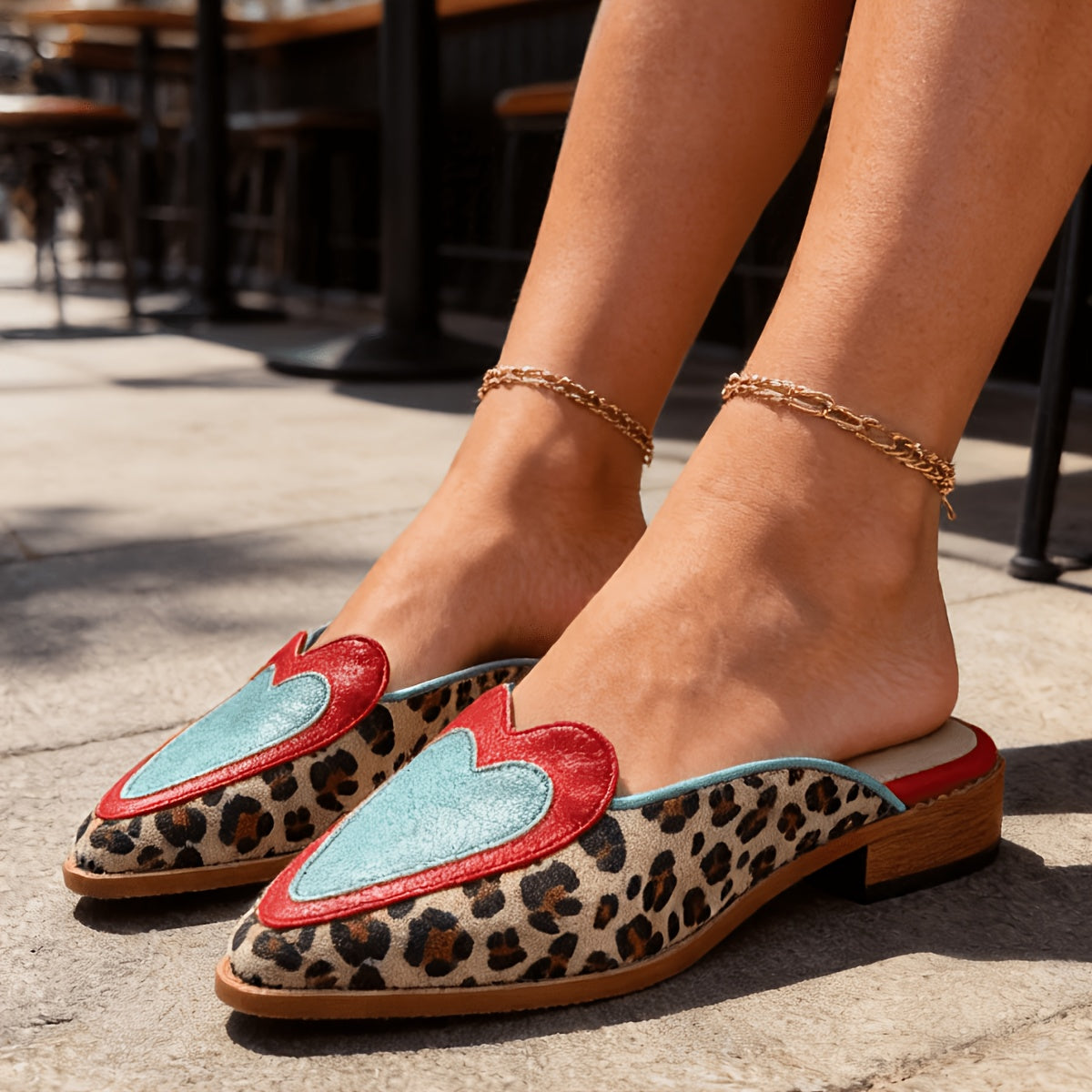 Pointed Toe Heart Applique Leopard Print Backless Mules