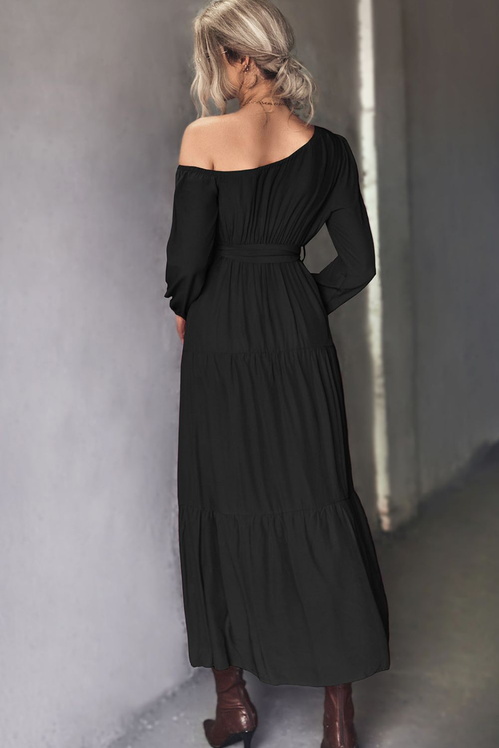 One Shoulder Long Sleeve Belted Tiered Maxi Dress 7
