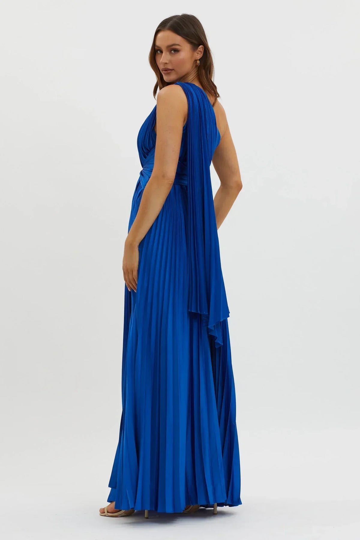 Satin One Shoulder Twist Waist Accordion Pleated Maxi Dress 2