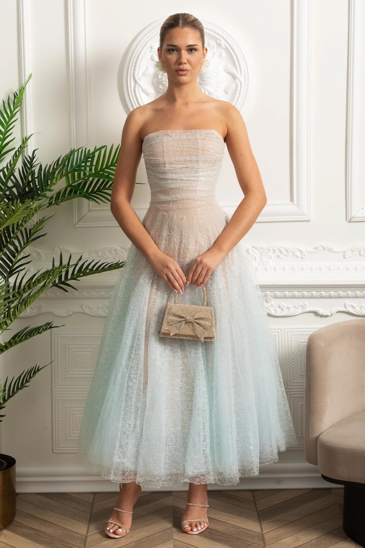Strapless Ombre Lace Tulle A-Line Midi Dress