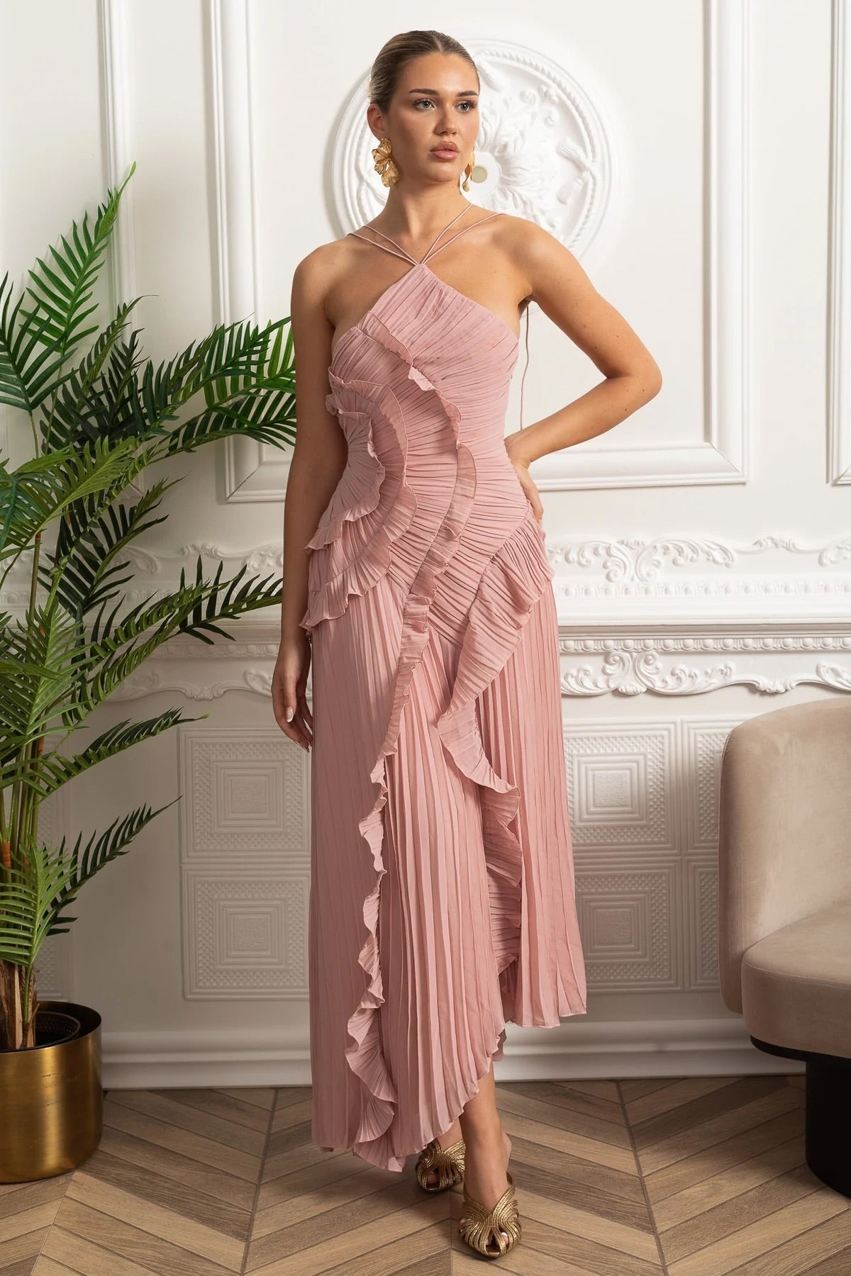 Pleated Halter Neck Rosette Cascading Ruffle Asymmetric Hem Midi Dress 4
