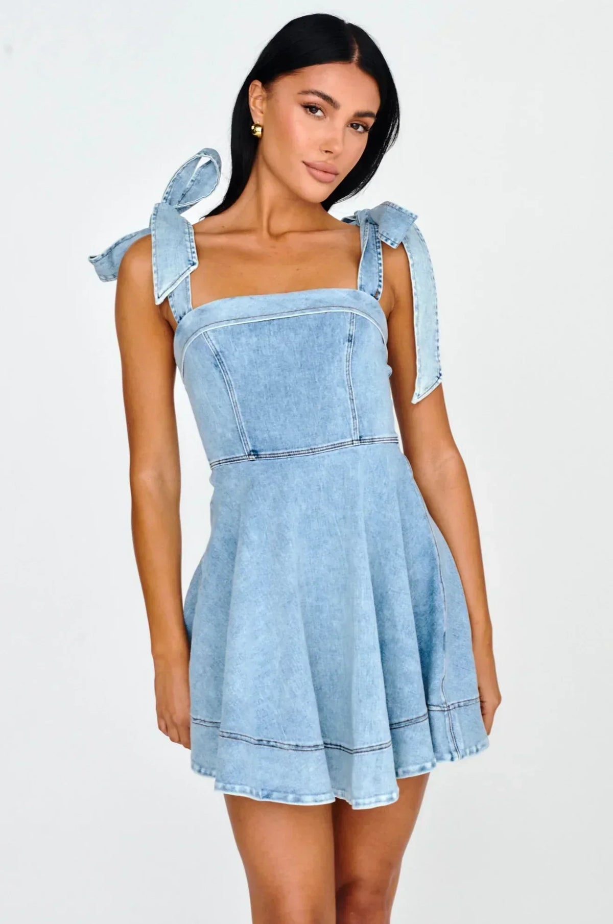 Denim-Look Square Neck Tie Shoulder Fit and Flare Mini Dress