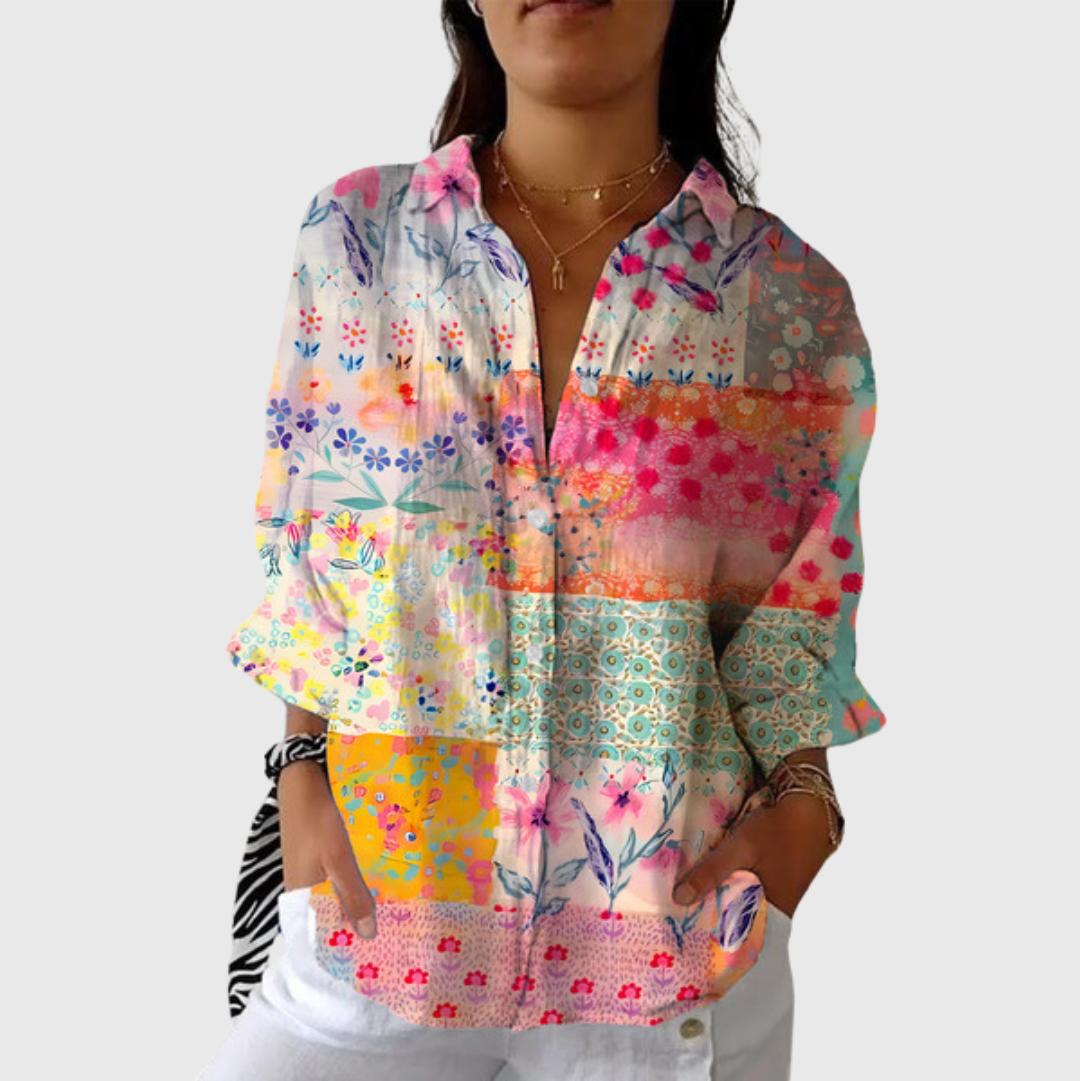 Floral Patchwork Print Button Front Long Sleeve Blouse