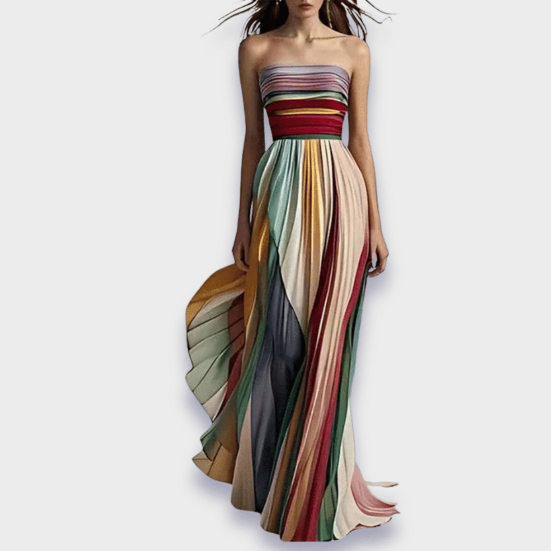 Strapless Pleated Striped Maxi Gown