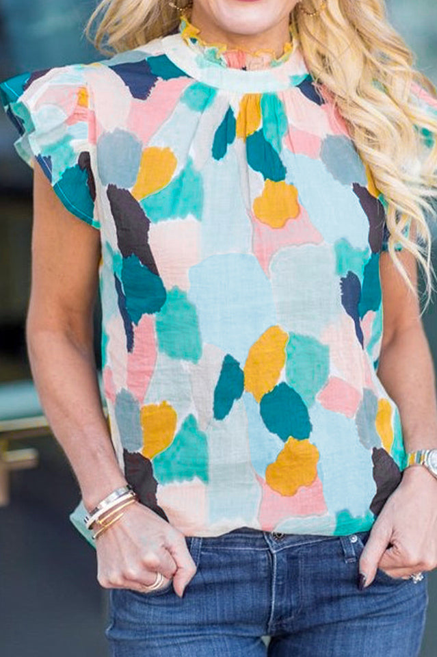 Abstract Brushstroke Print Mock Neck Ruffle Sleeve Blouse 3