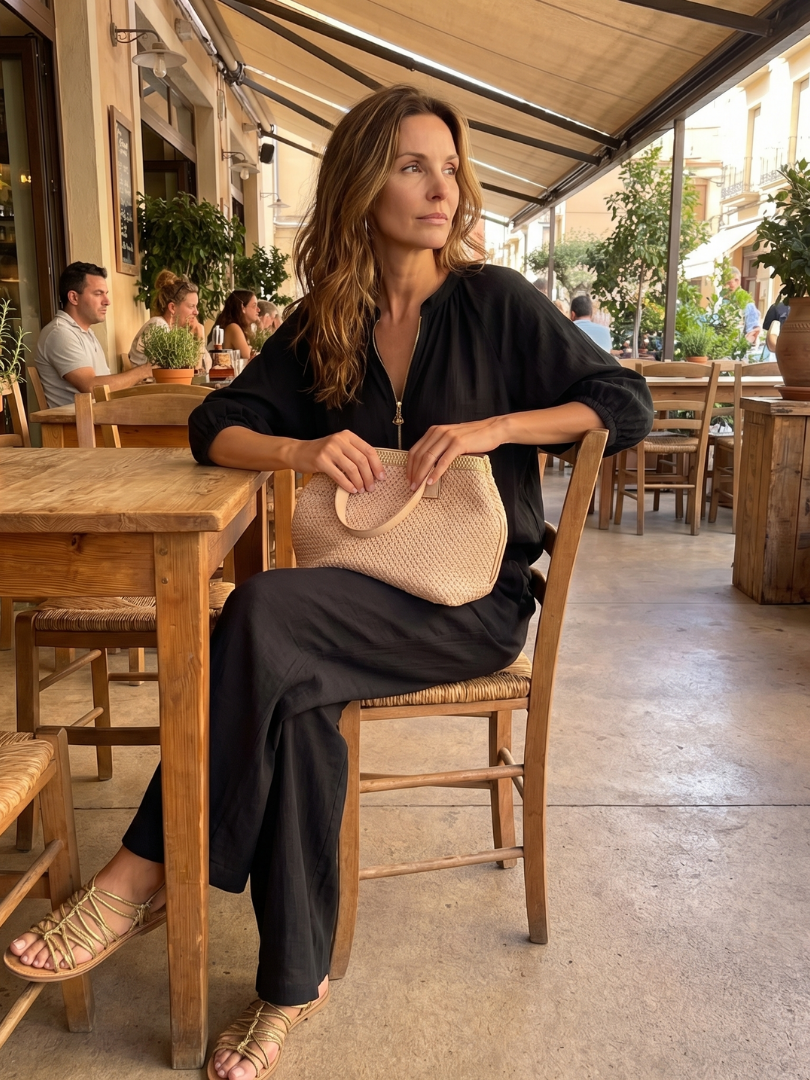Puff Sleeve Zip Front Top and Wide Leg Pants Two Piece Set