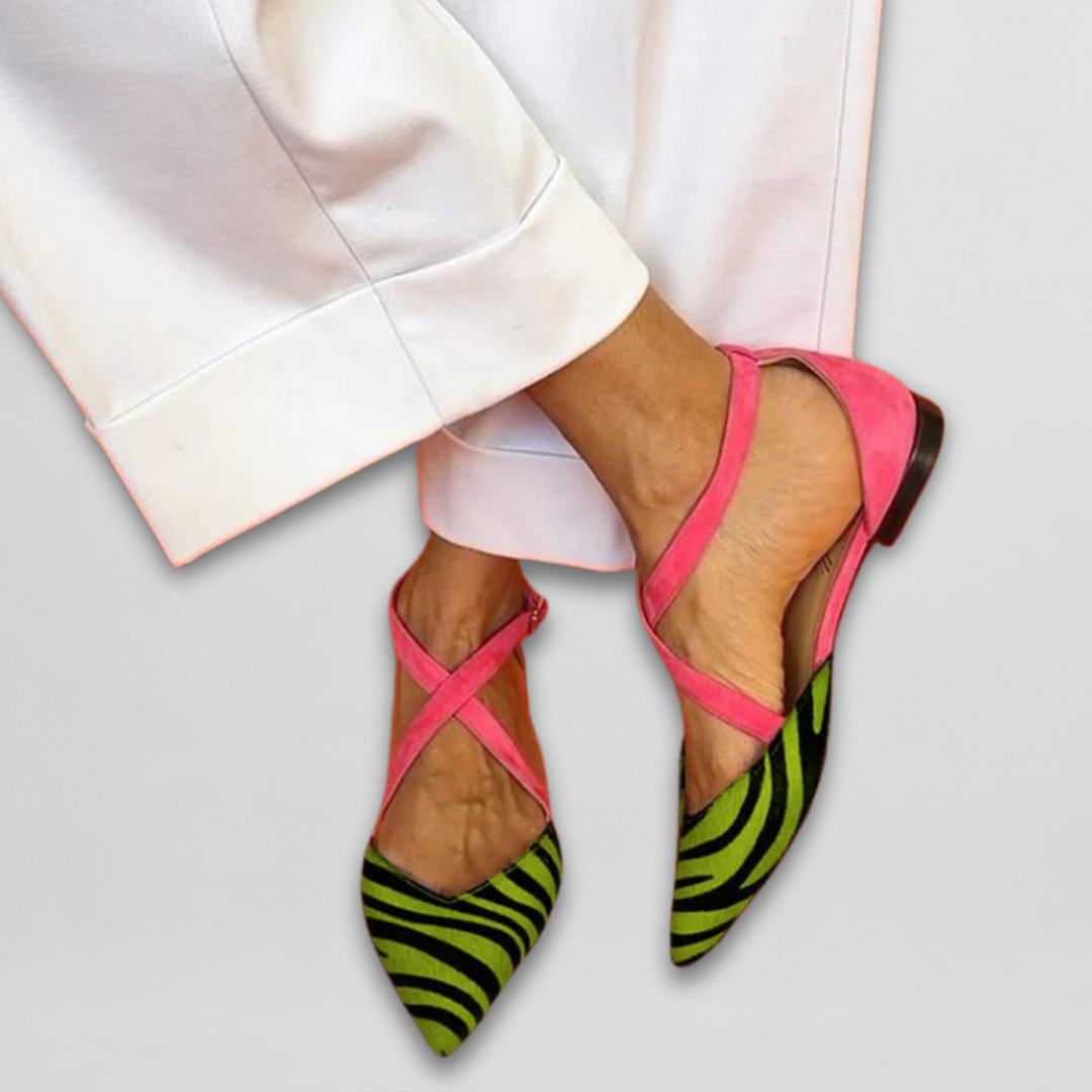 Zebra Print Pointed Toe Cross Strap Flats
