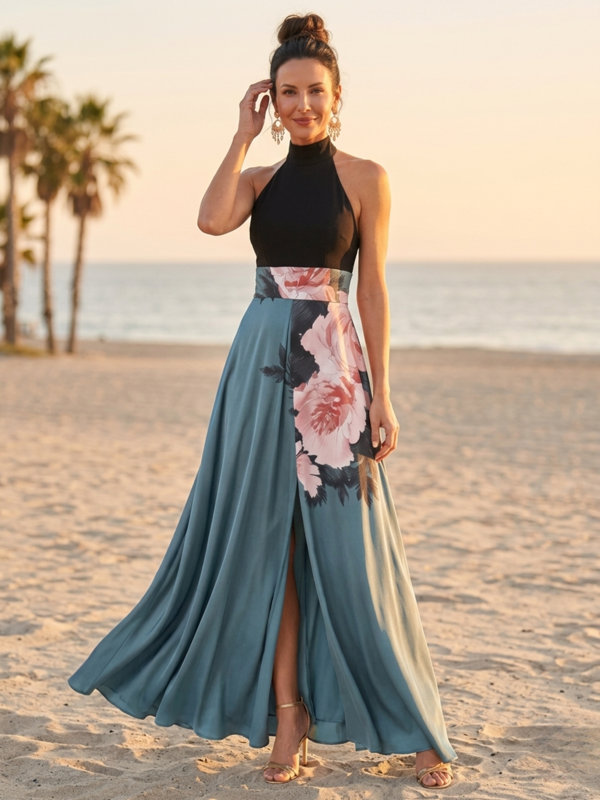 Halter Neck Floral Skirt High Split Maxi Dress