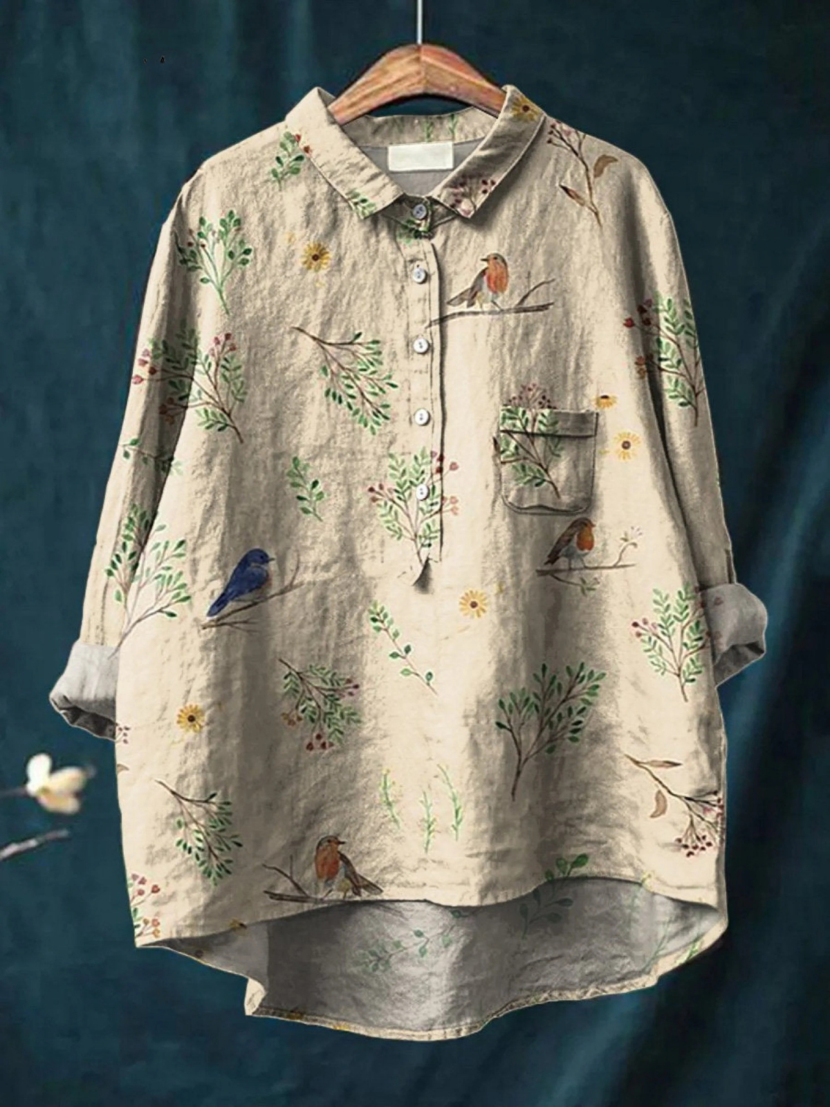 Bird and Botanical Print Long Sleeve Button Front Linen Shirt