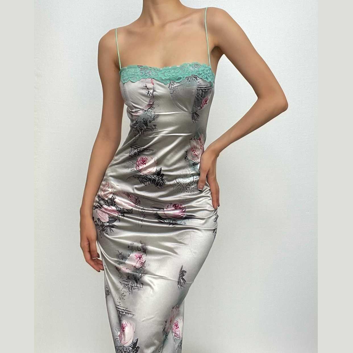 Flower print contrast backless lace hem zip-up midi dress