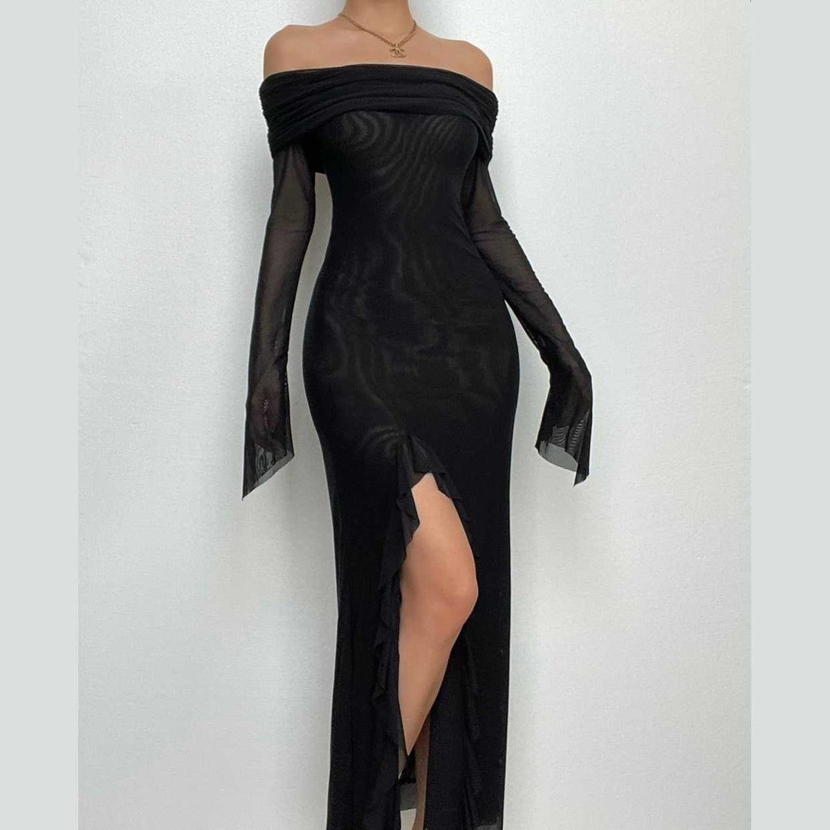 Off Shoulder Sheer Mesh Flare Sleeve Ruffle High Split Maxi Dress