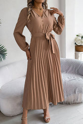 Solid Color Elegant V-neck Buttoned Lace-up Pleated Maxi Dress - View 7