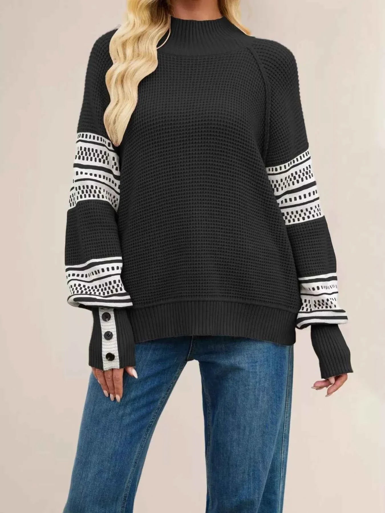 Color-Block Mock Neck Waffle Knit Sweater