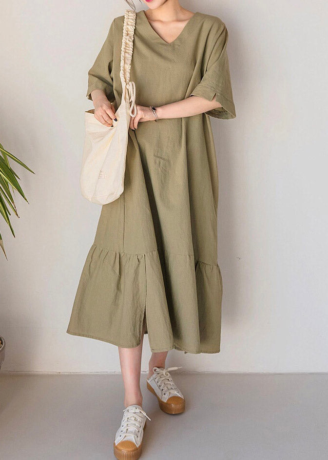 V-Neck Short Sleeve Side Slit Paneled Seam Loose Midi Dress