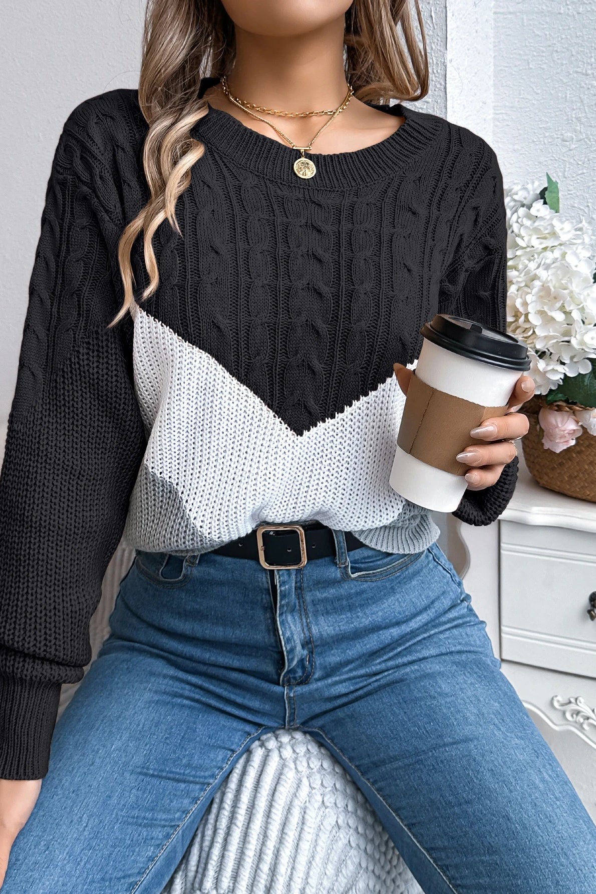 Colorblock Chevron Crew Neck Long Sleeve Cable Knit Sweater 16
