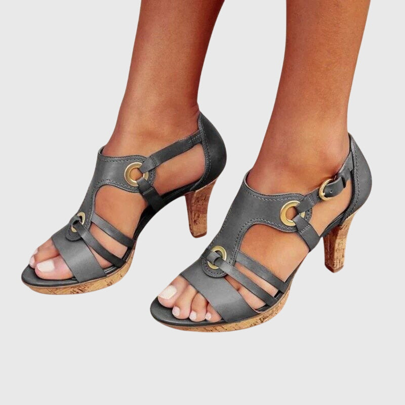 Open Toe T-Strap Ring Buckle Cork Block Heel Sandals