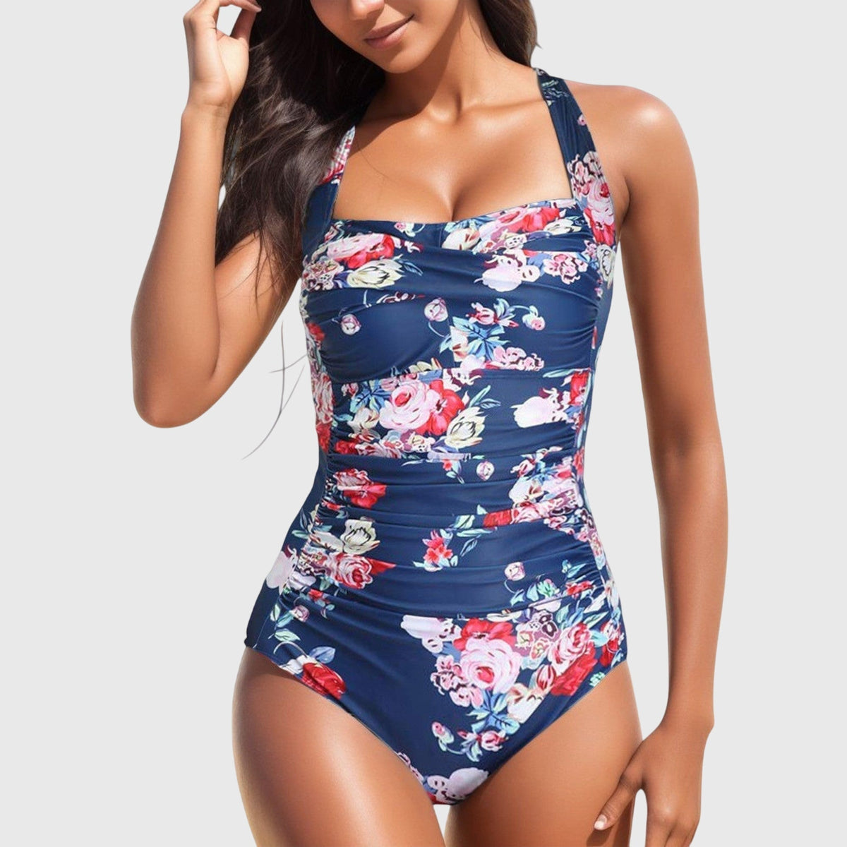 Tropical Floral Ruched Halter One Piece Swimsuit