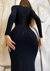 Black Slim-Fit Lace-Up Backless Long-Sleeve Dress 7