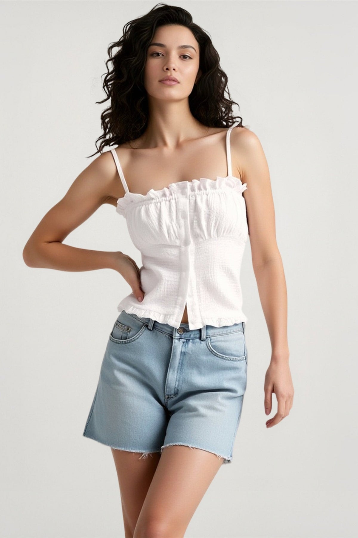 Ruffle Trim Button Front Textured Spaghetti Strap Cami Top