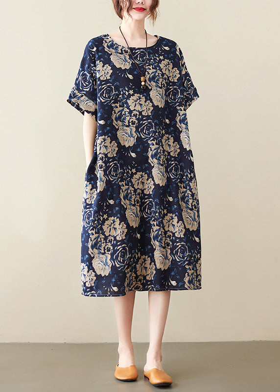 Floral Rose Print Oversized Drop Shoulder Short Sleeve Pocket Midi Shift Dress