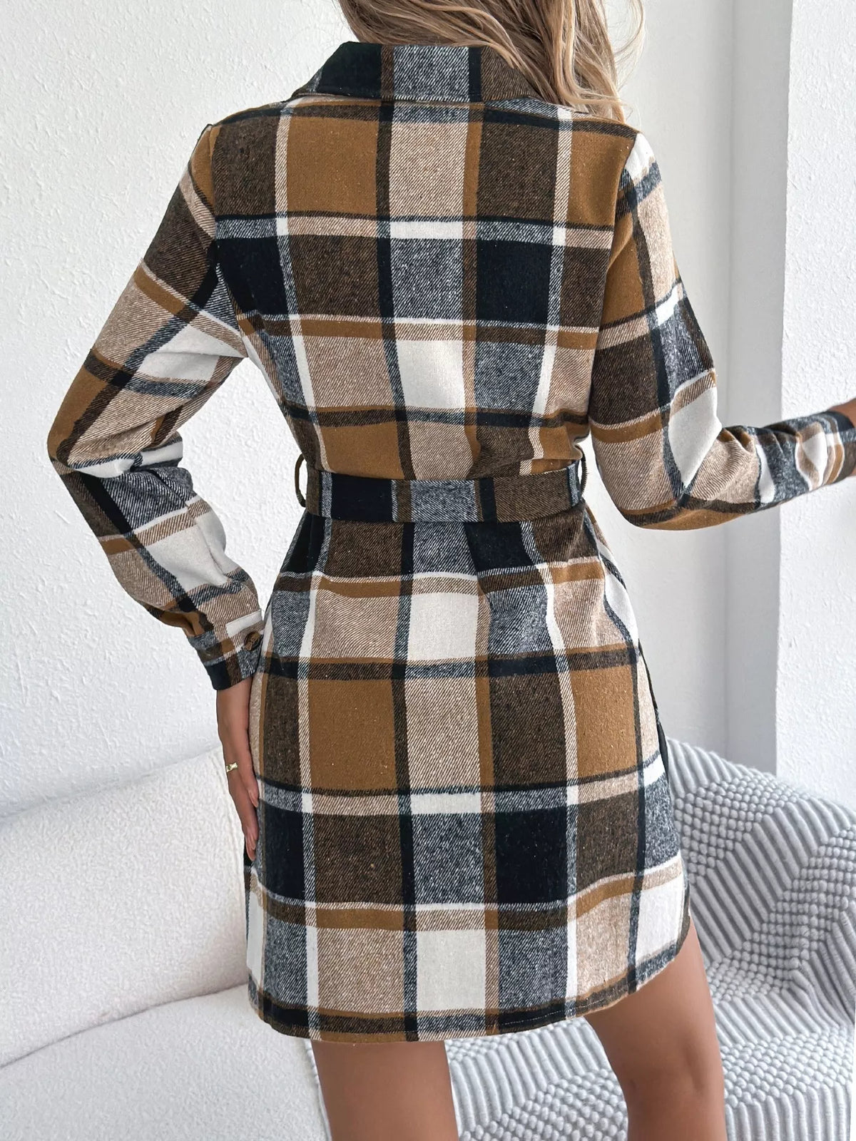 Plaid Button Front Tie Waist Shirt Dress