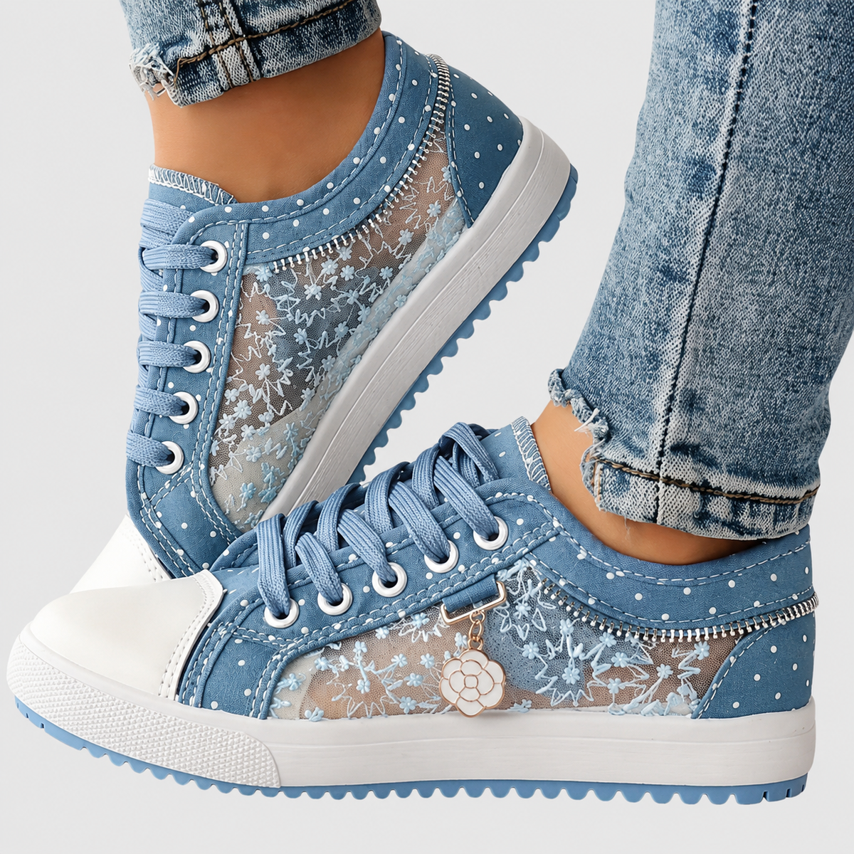 Floral Lace Mesh Lace Up Low Top Sneakers