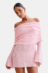 Off Shoulder Long Sleeve Ruched Knit Mini Dress