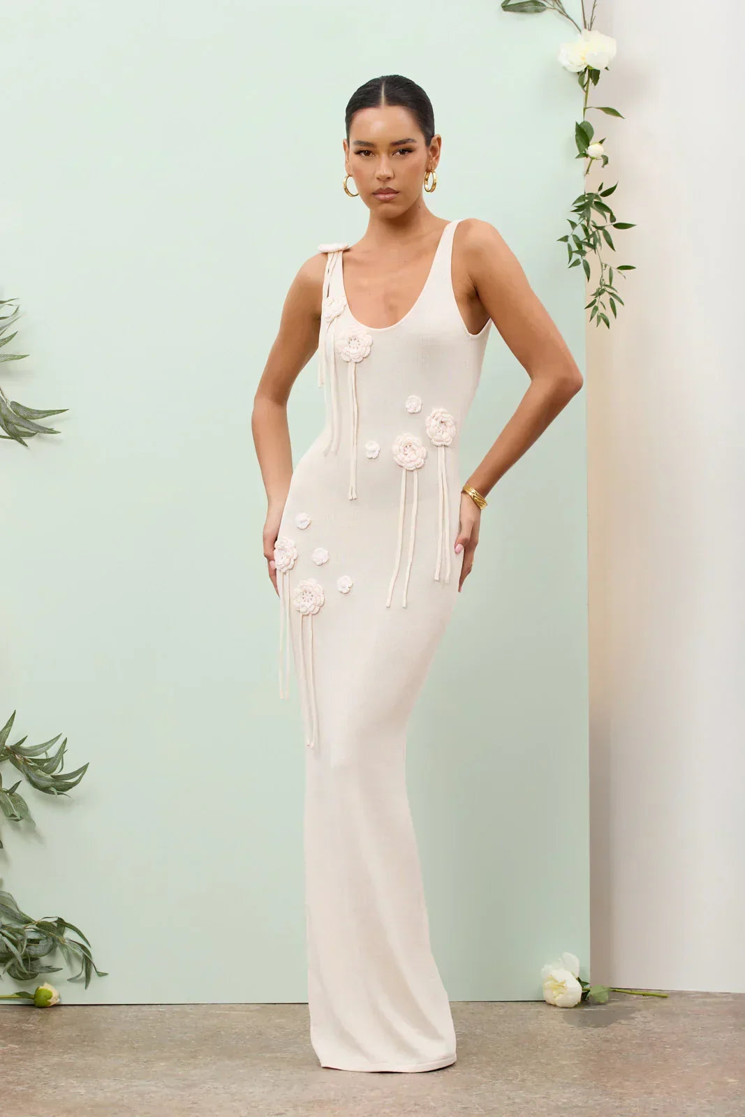 Knit Scoop Neck Sleeveless Crochet Rosette Tassel Maxi Dress 7