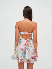 Strapless Floral Backless Ruffle Mini Dress