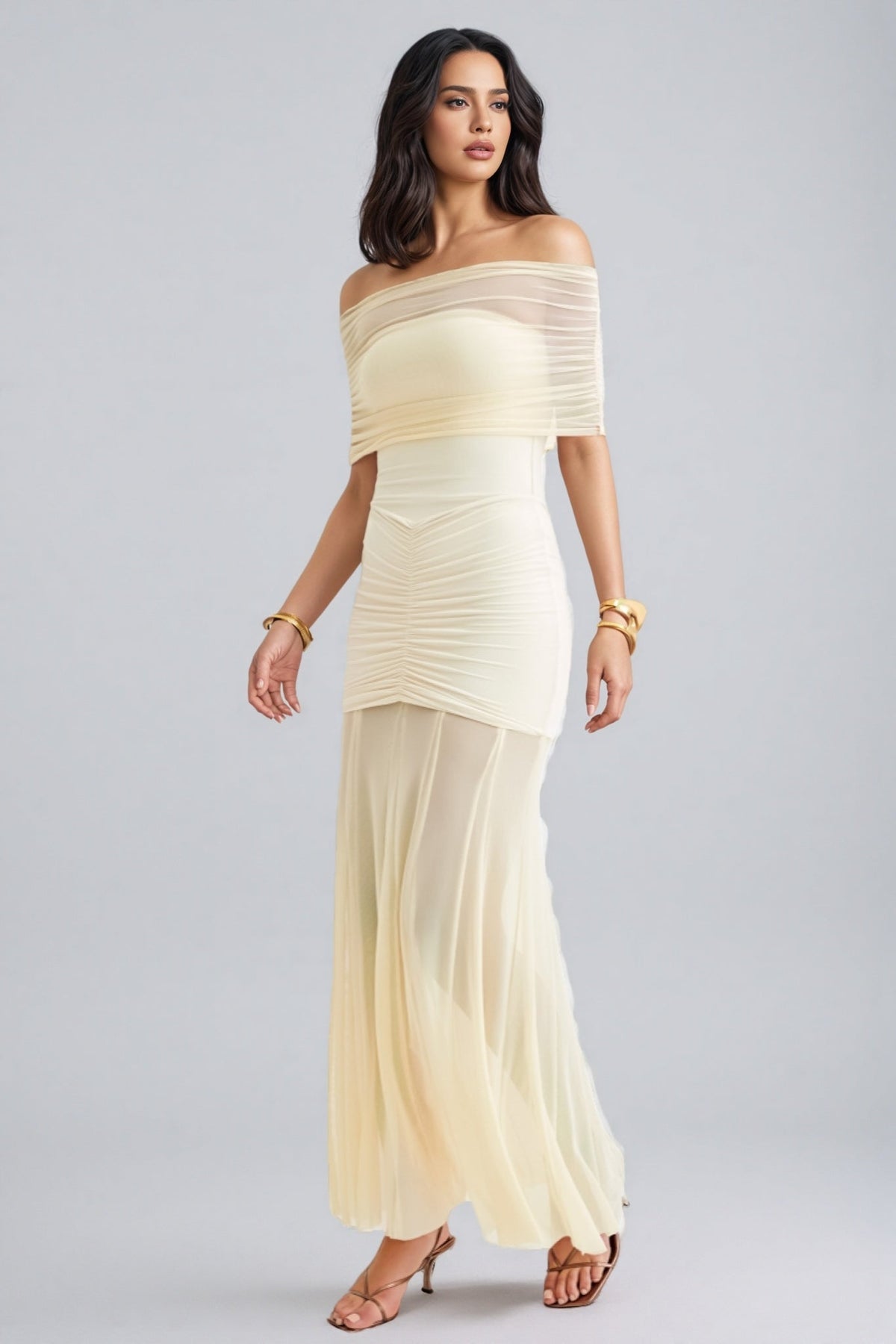 Off Shoulder Ruched Mesh Overlay Sheer Hem Maxi Dress