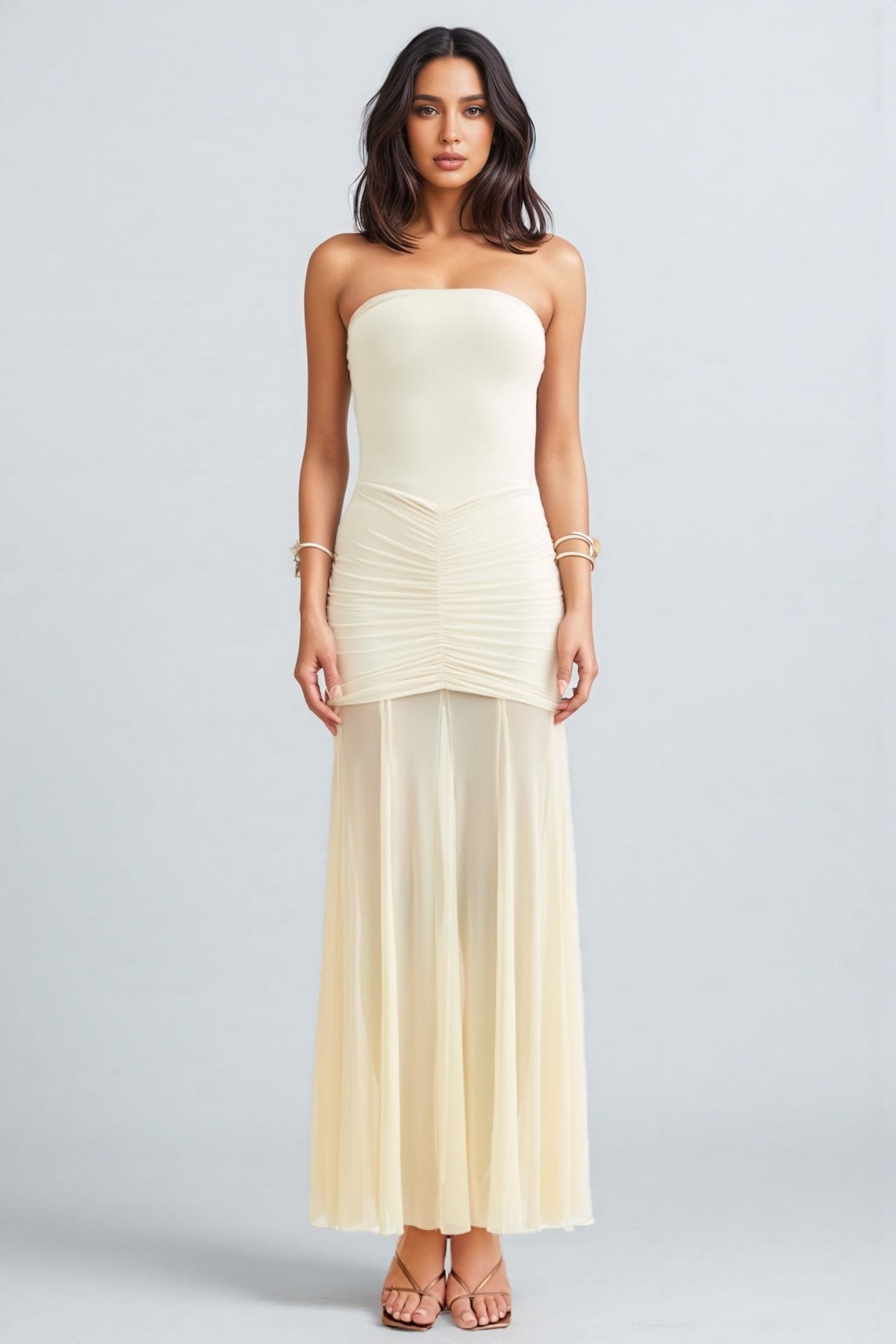 Off Shoulder Ruched Mesh Overlay Sheer Hem Maxi Dress 5