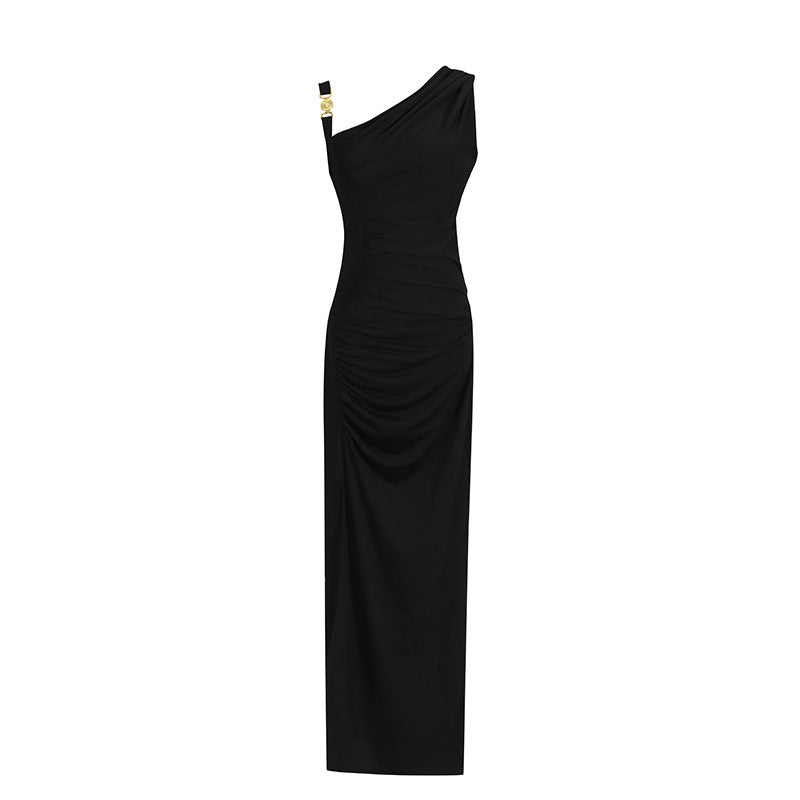 Draped Cowl Neck Asymmetric Ruched High Split Maxi Dress 5