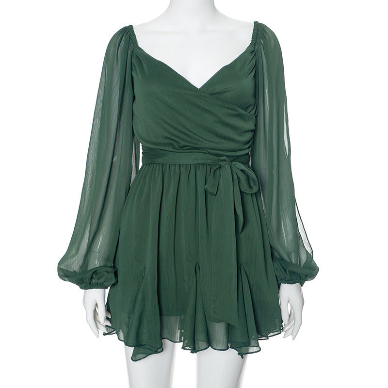 Chiffon Wrap V-Neck Split Balloon Sleeve Tie Waist Ruffle Mini Dress 12