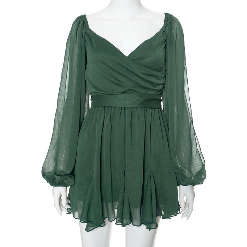 Chiffon Wrap V-Neck Split Balloon Sleeve Tie Waist Ruffle Mini Dress 14