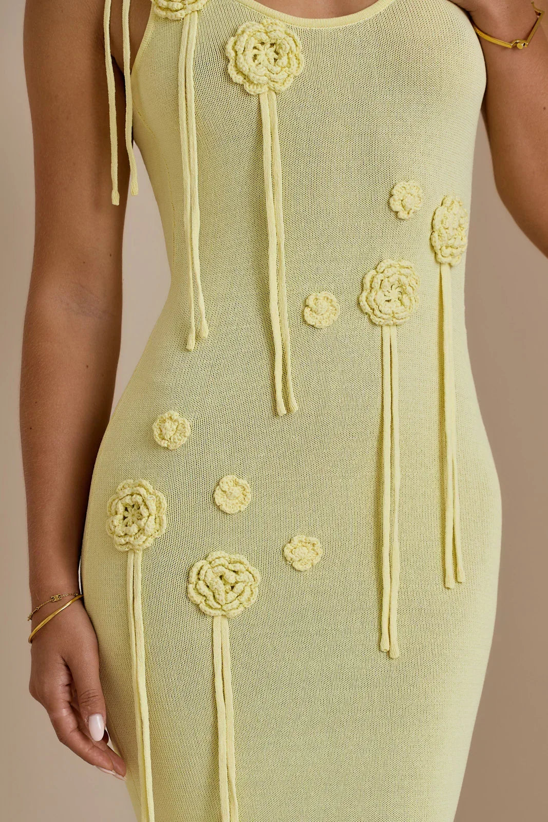 Knit Scoop Neck Sleeveless Crochet Rosette Tassel Maxi Dress 5