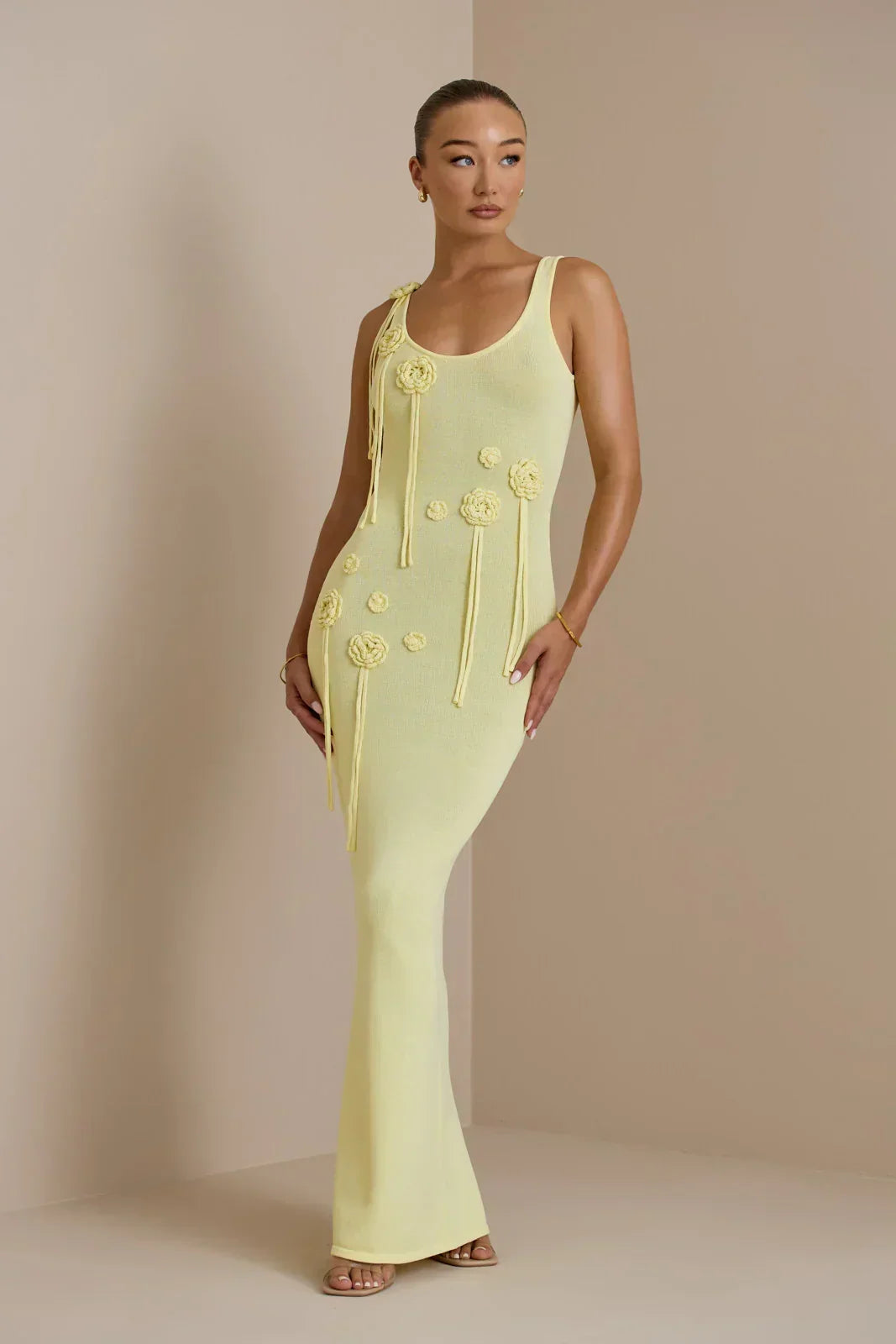 Knit Scoop Neck Sleeveless Crochet Rosette Tassel Maxi Dress