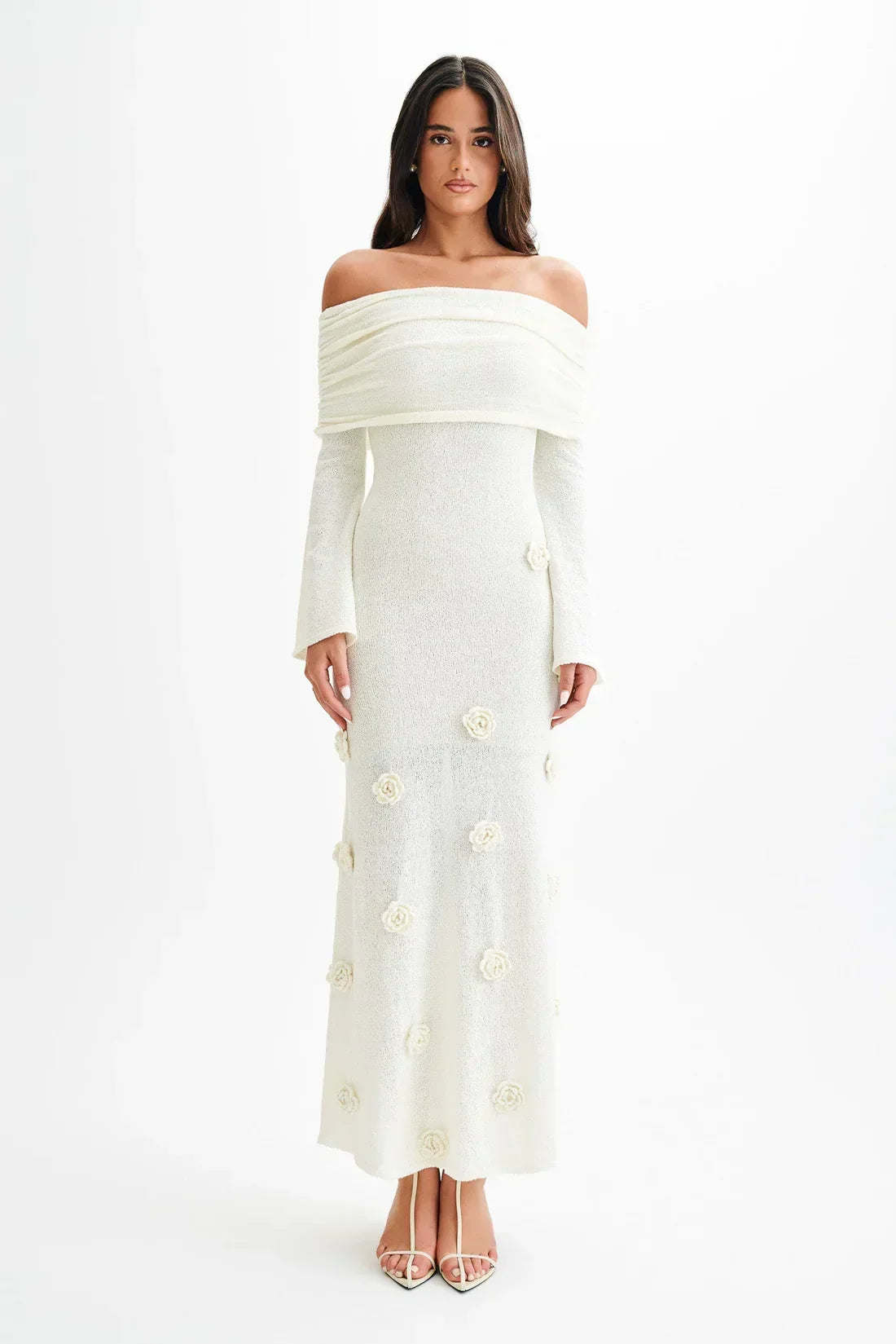 Off Shoulder Long Sleeve Knit Rosette Applique Maxi Dress 2