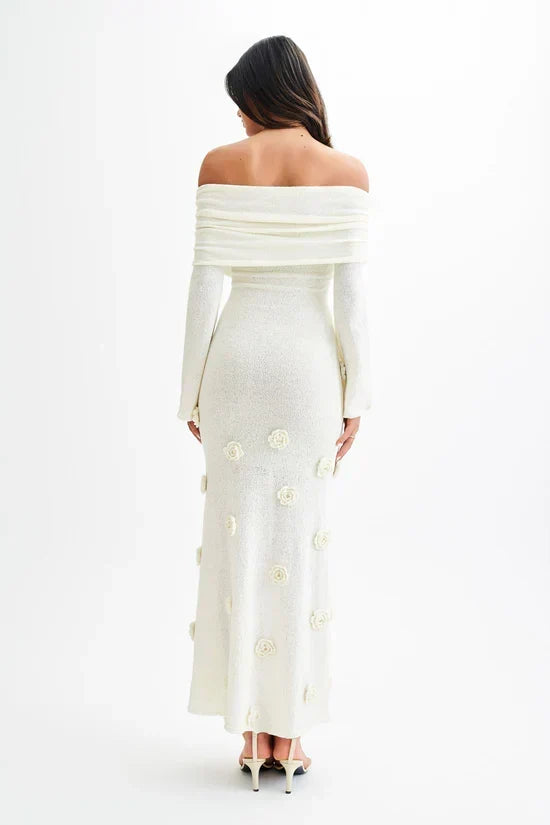 Off Shoulder Long Sleeve Knit Rosette Applique Maxi Dress 3