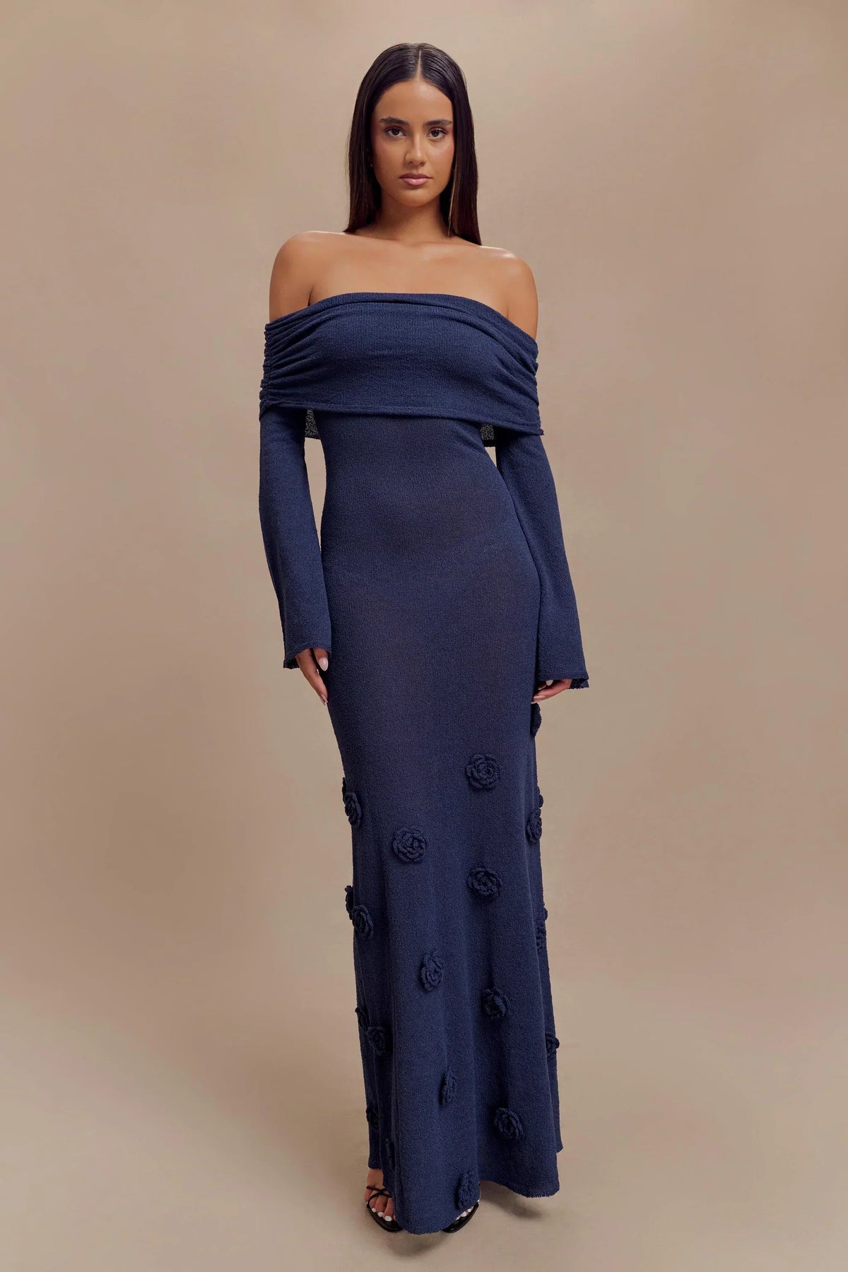 Off Shoulder Long Sleeve Knit Rosette Applique Maxi Dress 11