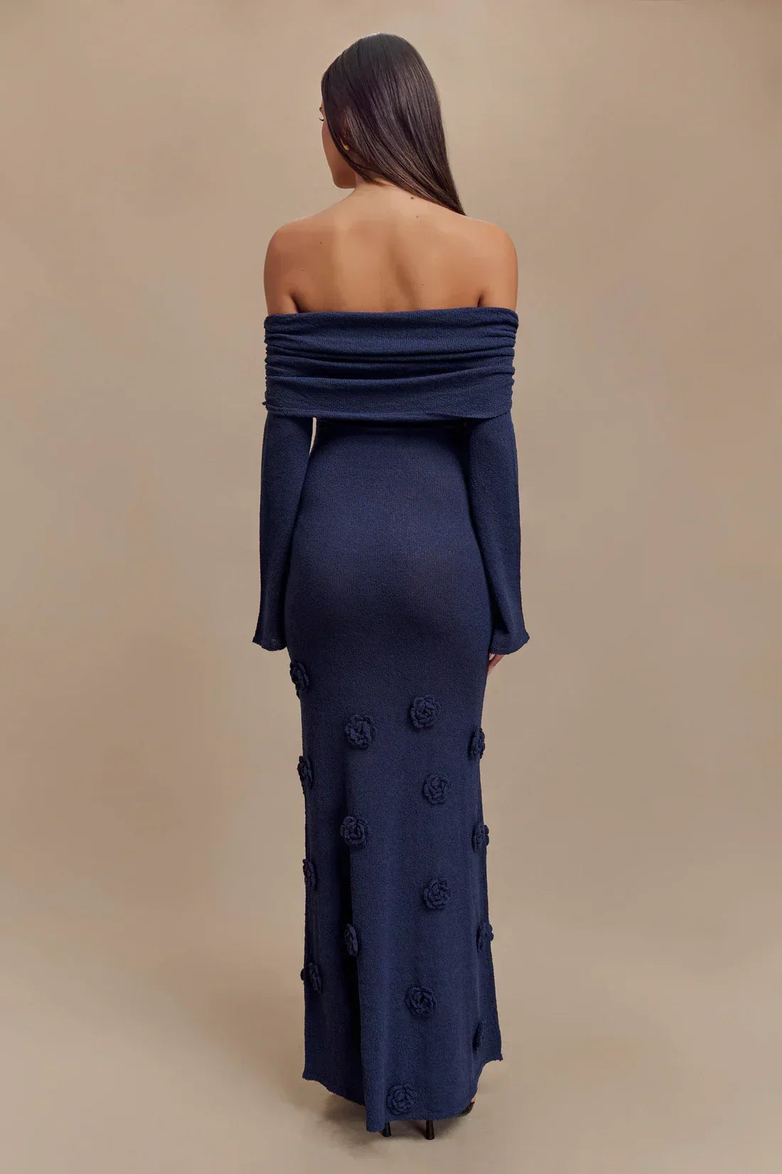 Off Shoulder Long Sleeve Knit Rosette Applique Maxi Dress 12