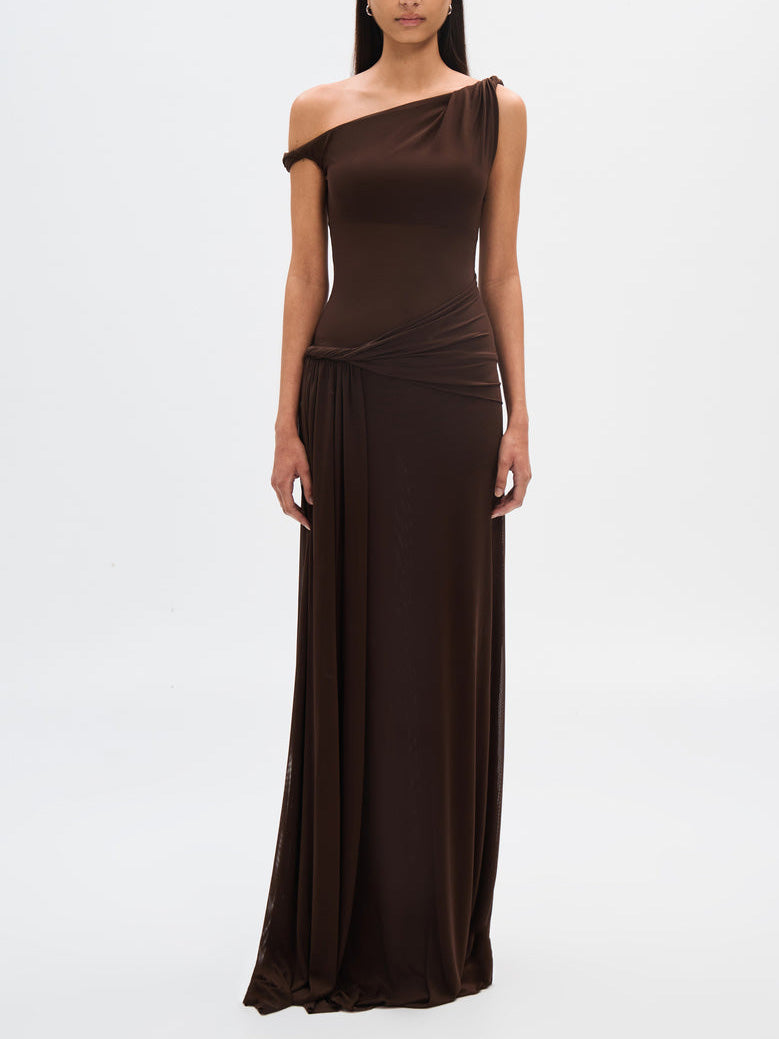 Asymmetric One Shoulder Ruched Waist Mesh Maxi Dress