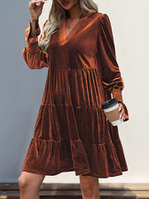 Velvet V-Neck Long Sleeve Tiered Mini Dress 5