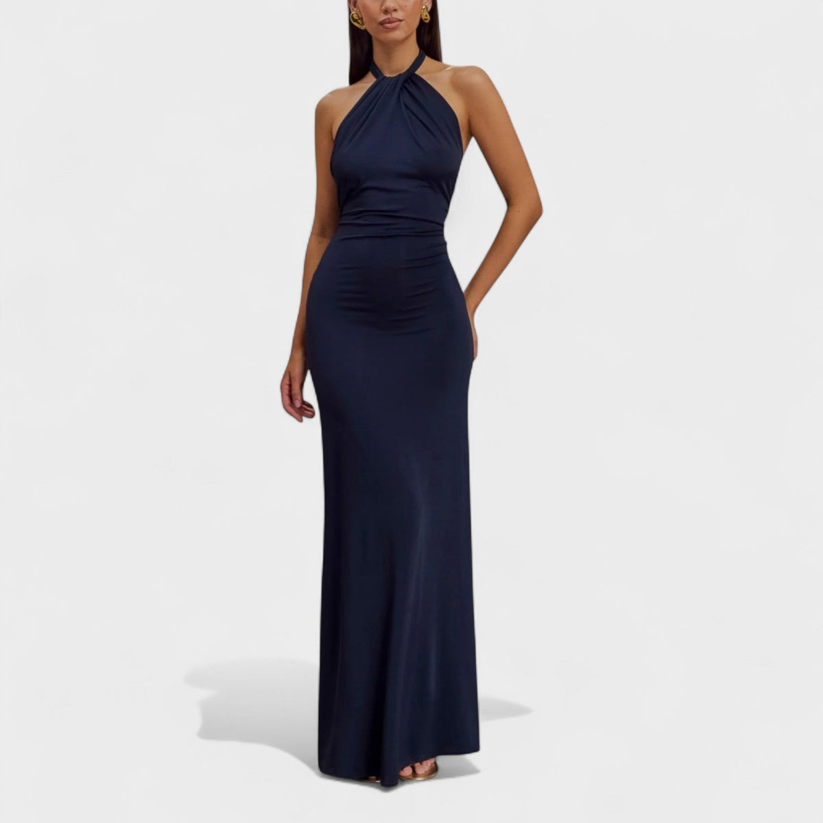 Twist Halter Neck Ruched Backless Maxi Dress