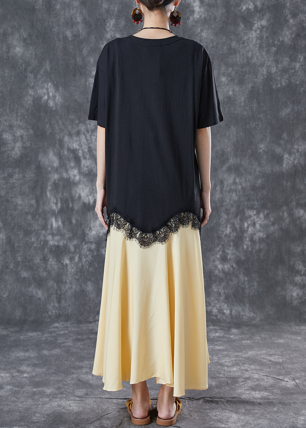 Faux Two Piece Scalloped Lace Trim Pleated A-Line Midi Dress