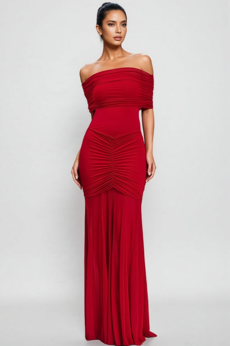 Off Shoulder Fold Over Ruched Drop Waist Mermaid Maxi Dress