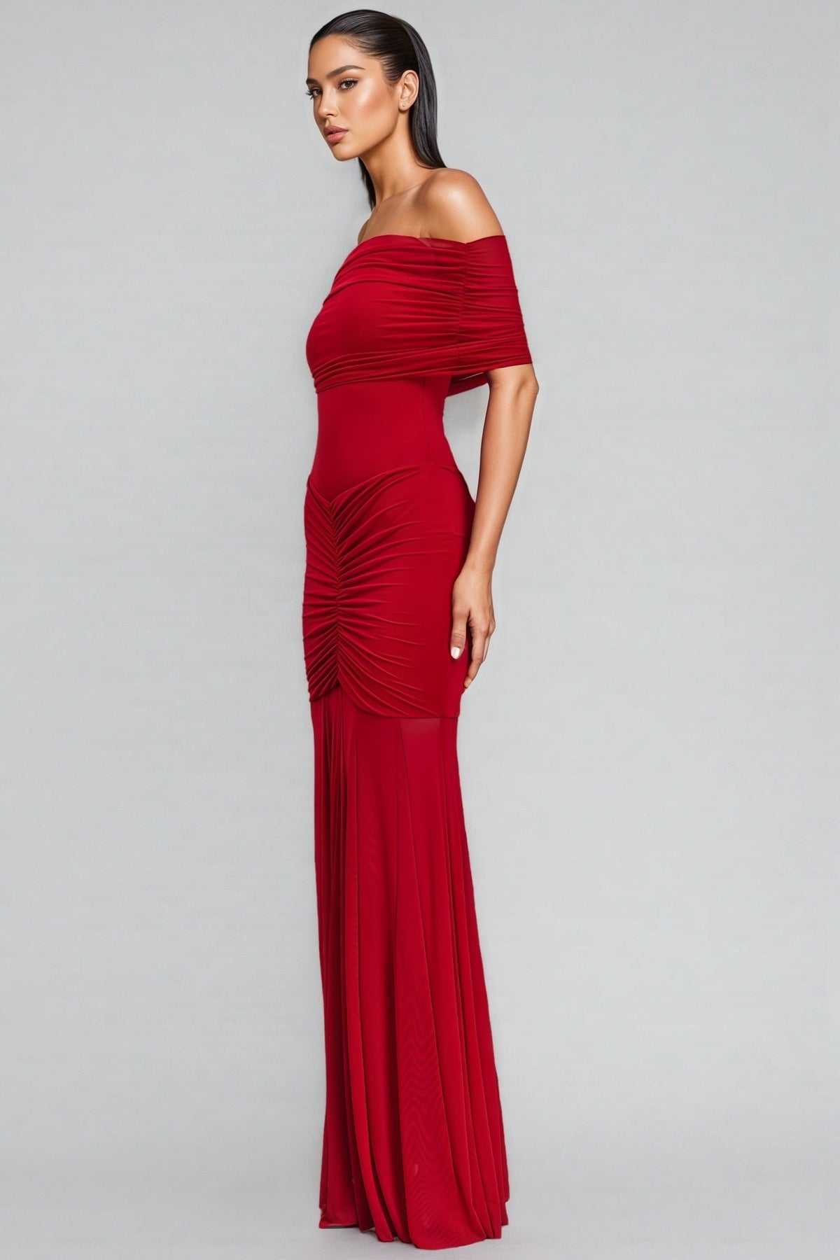 Off Shoulder Fold Over Ruched Drop Waist Mermaid Maxi Dress 3