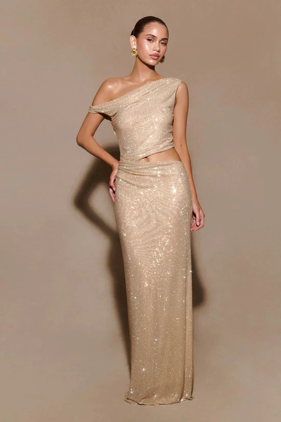 Sequin Asymmetric Off Shoulder Waist Cut Out Maxi Gown