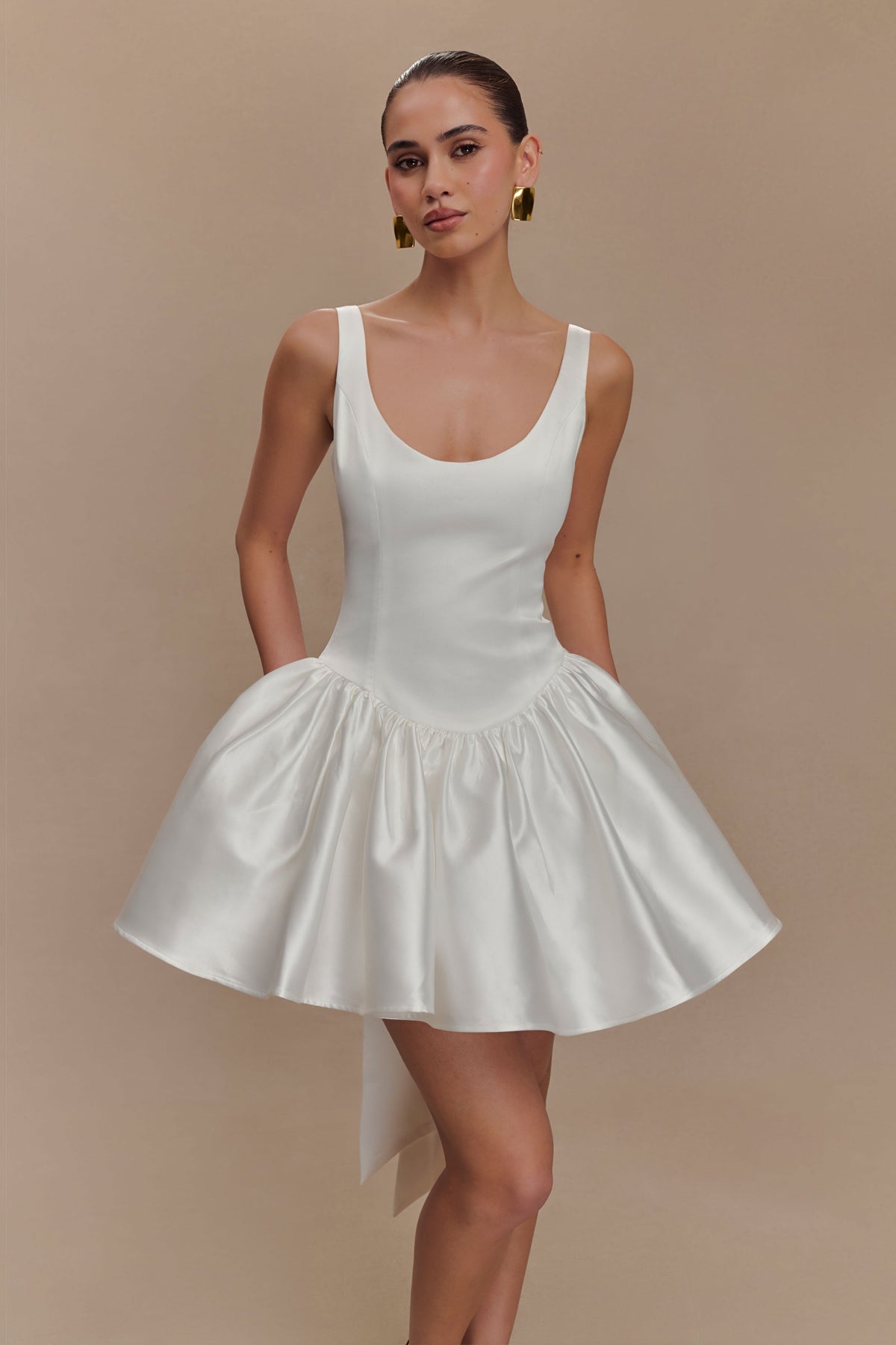 Satin Scoop Neck Drop Waist Bubble Hem Back Bow Mini Dress 6