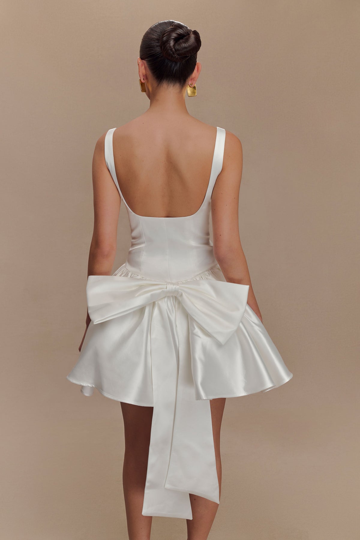 Satin Scoop Neck Drop Waist Bubble Hem Back Bow Mini Dress 5